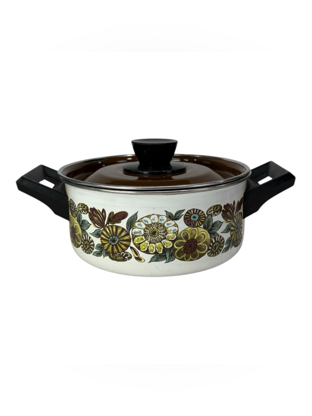 Vintage 2 Qt Enamelware Cookware 7.5" Pot w/ Lid Retro 70's Flowers Brown Yellow
